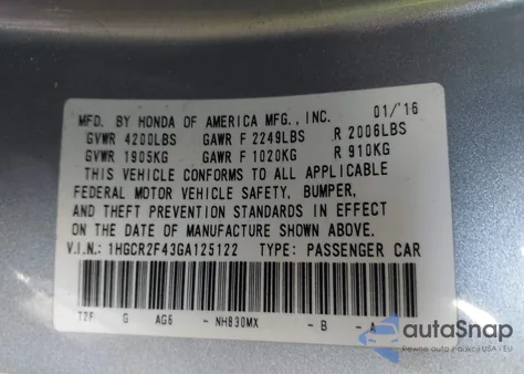 2016 Honda Accord Lx z USA, uszkodzony, nr VIN 1HGCR2F43GA125122
